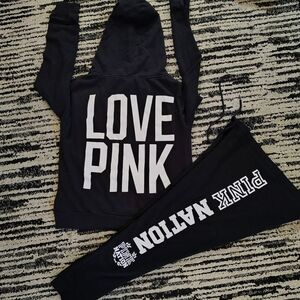 VS PINK Black Dog Logo Sweater Hoodie HighRise Pants Set L Outfit